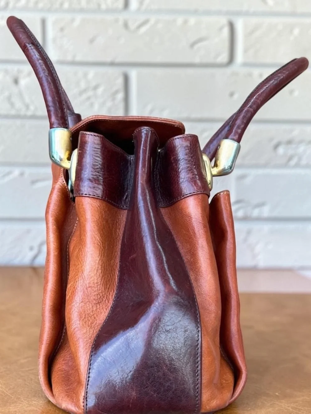 Marino Orlandi Two-Tone Tan & Dark Brown Leather Satchel